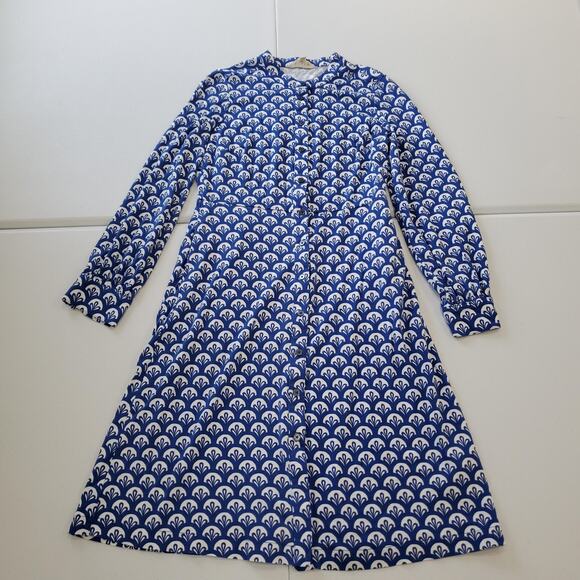 Boden Dresses & Skirts - Boden Dress Womens 4 Blue White Button Front Long Sleeve A-Line Scallop Print